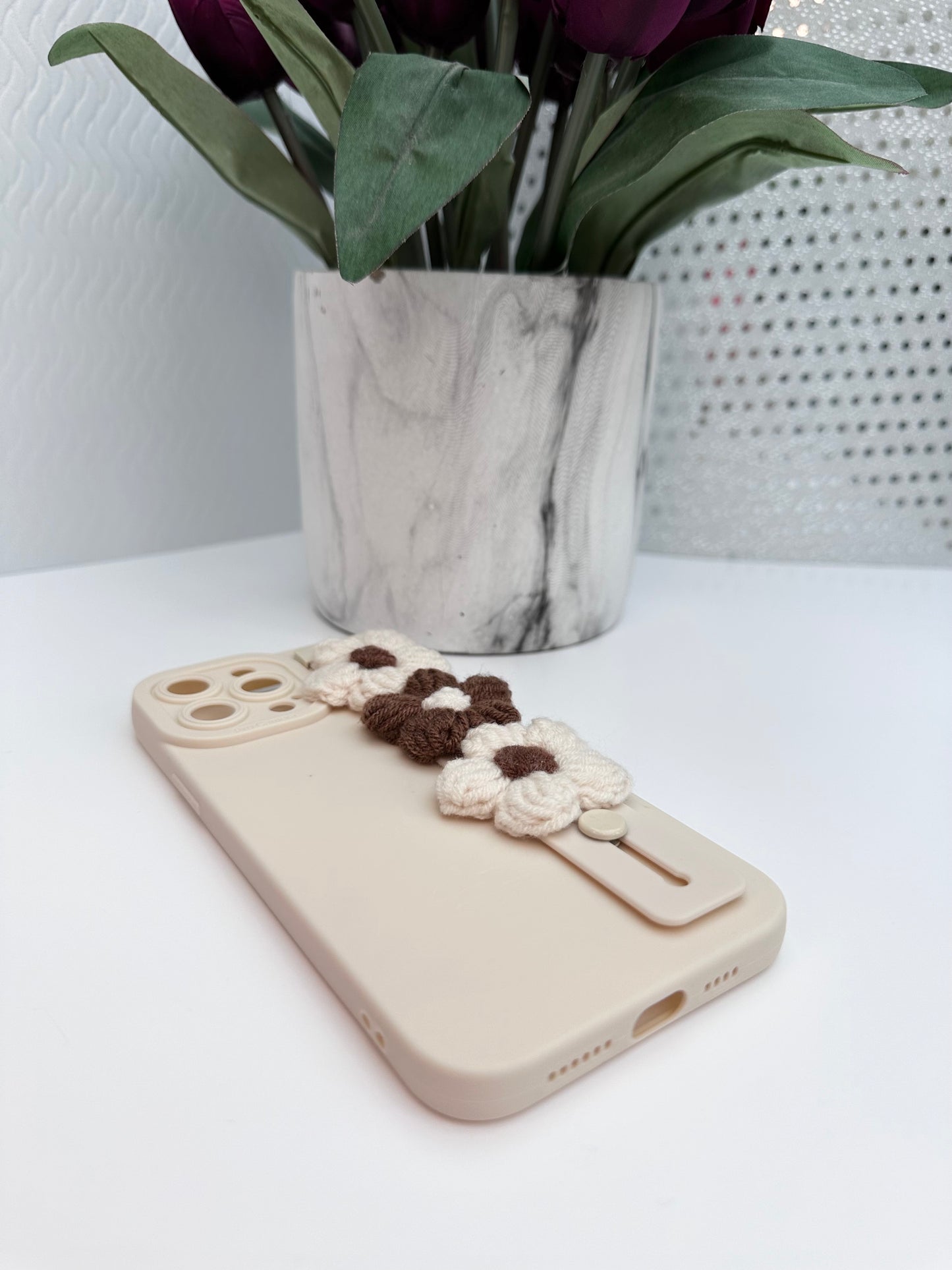 Crocheted Flower Cream Phone Case with Hand Strap