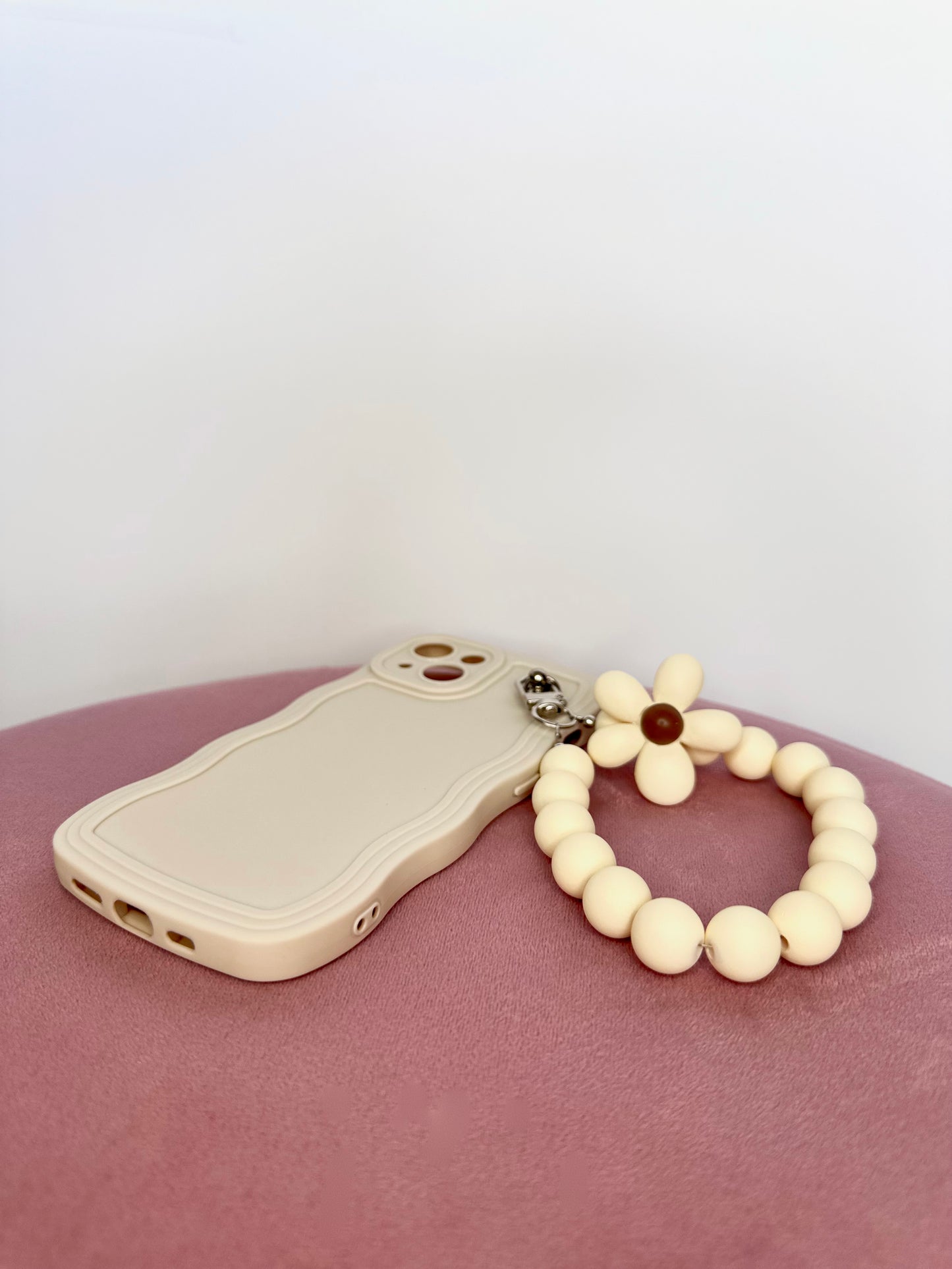 Wavy Edge Flower Pendant Cream Phone Case featuring a Chic Wrist Strap