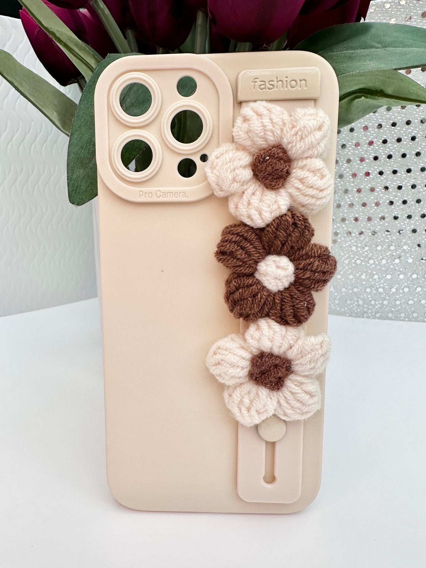 Crocheted Flower Cream Phone Case with Hand Strap