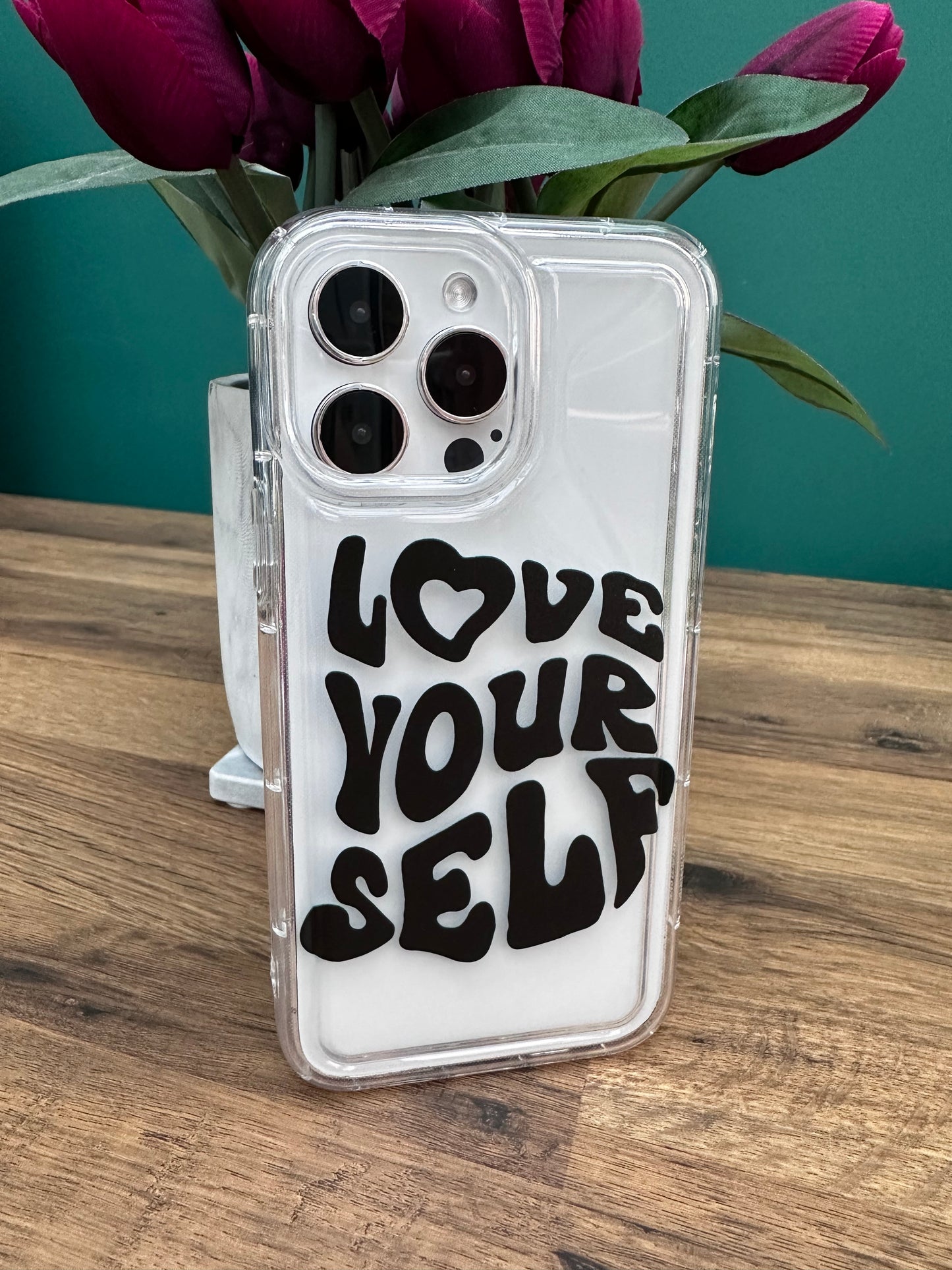 "Love Yourself” Clear Phone Case in Black
