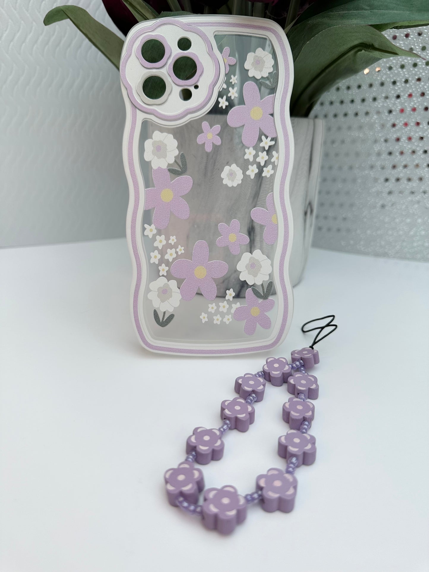 Wavy Edge Blossom Violet Phone Case with Beaded Wrist Strap