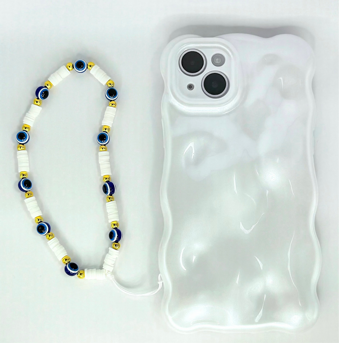 Evil Eye Beaded Phone Wrist Strap in White