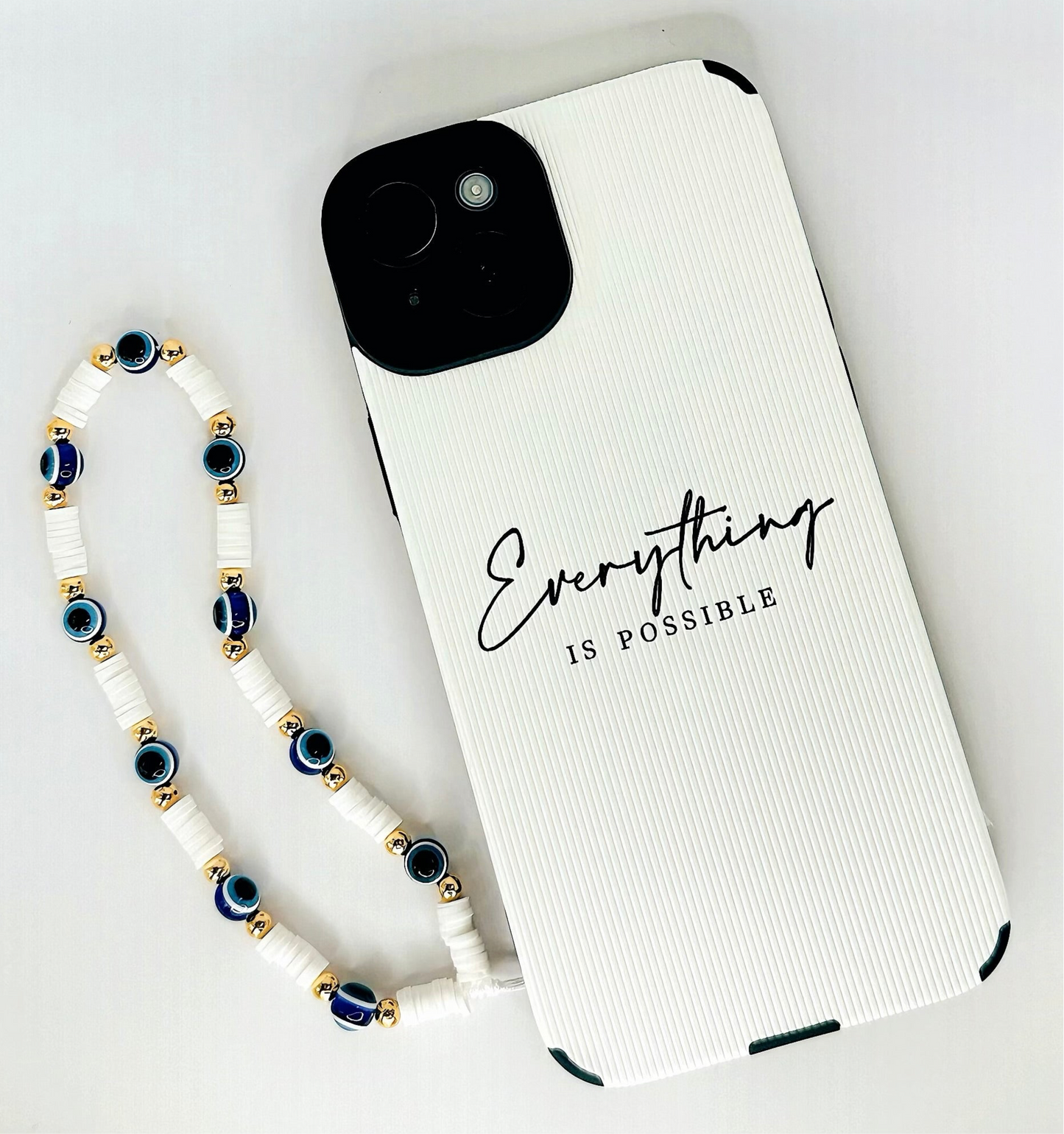 Evil Eye Beaded Phone Wrist Strap in White