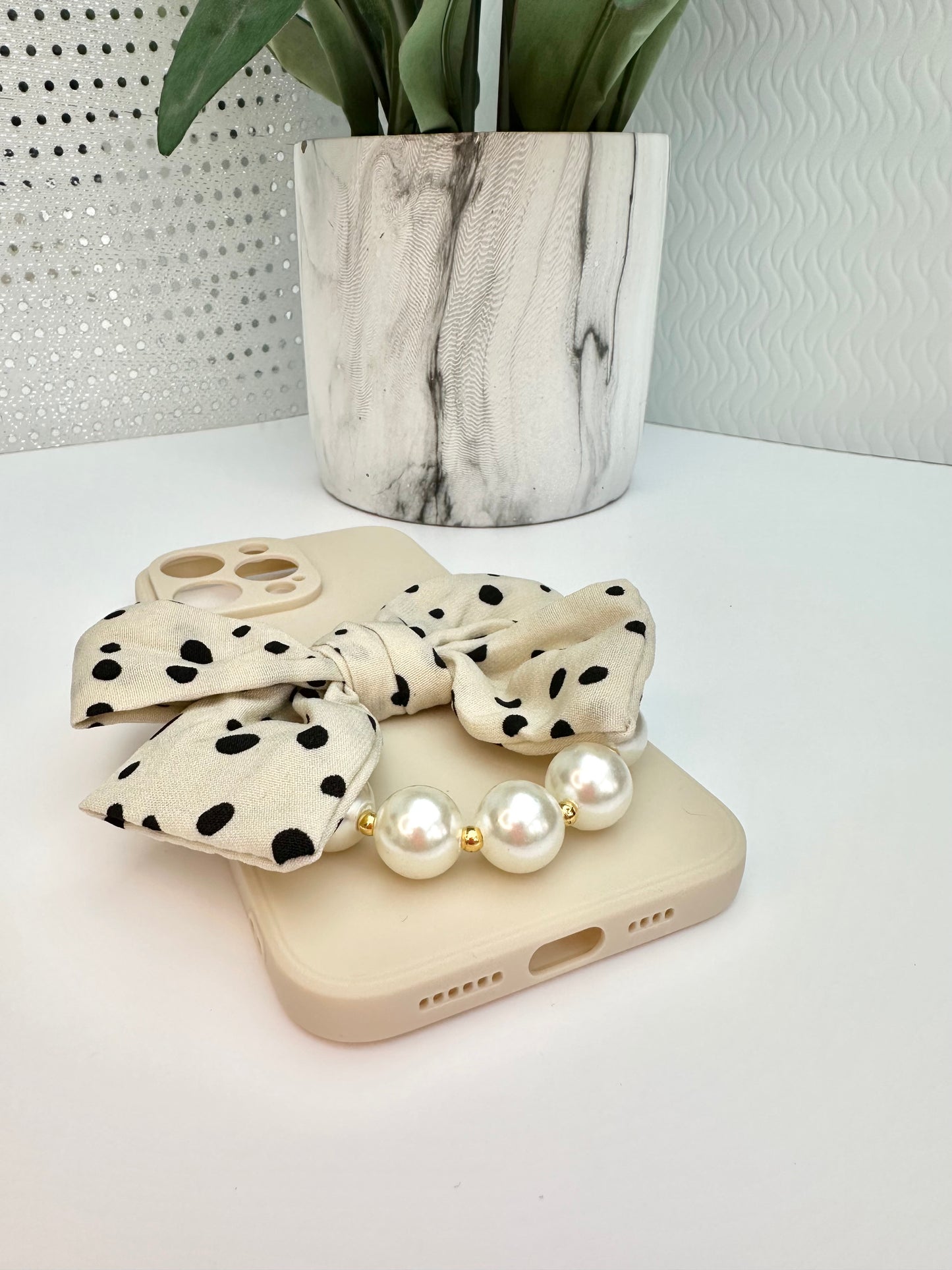 Bowtique Polka Dot Phone Case with Pearl Hand Strap