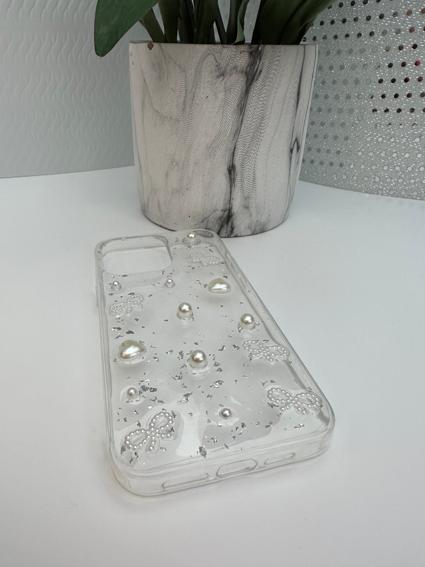 3D Pearl Bow Elegance Silver Foil Phone Case