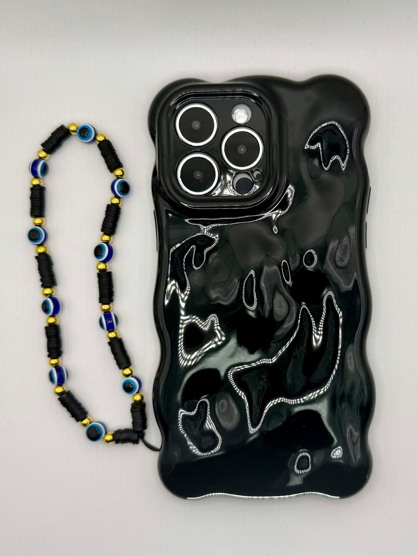 Evil Eye Beaded Phone Wrist Strap in Black