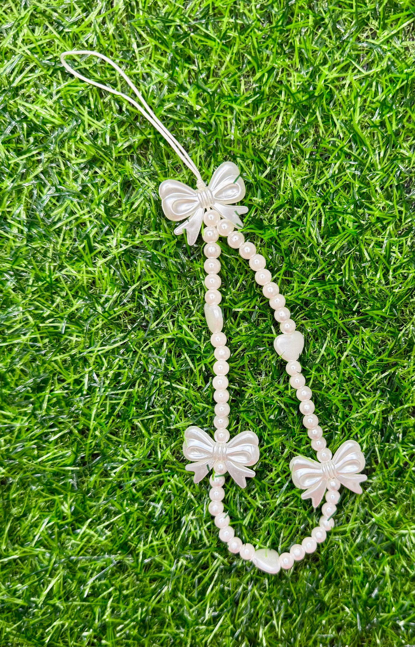 Pearl Bow & Heart Beaded Phone Wrist Strap