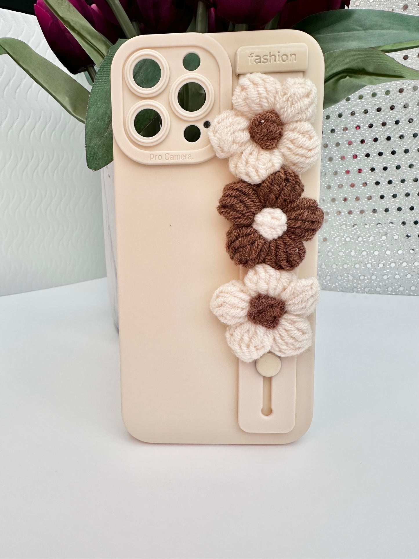 Crocheted Flower Cream Phone Case with Hand Strap