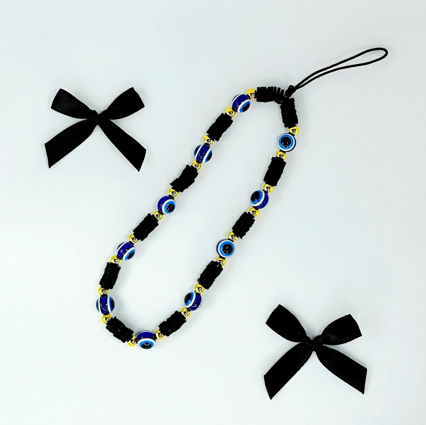 Evil Eye Beaded Phone Wrist Strap in Black