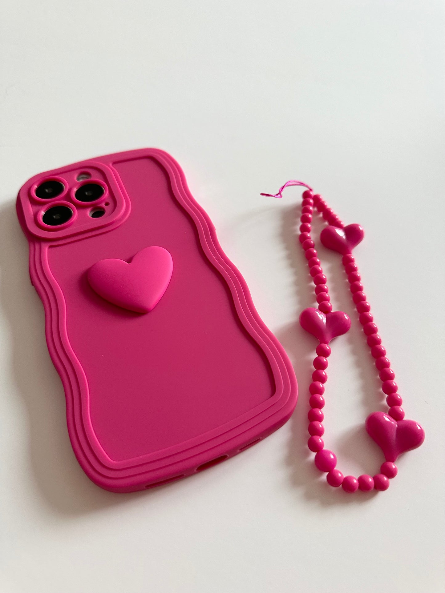 3D Heart Wavy Edge Hot Pink Phone Case with Wrist Strap