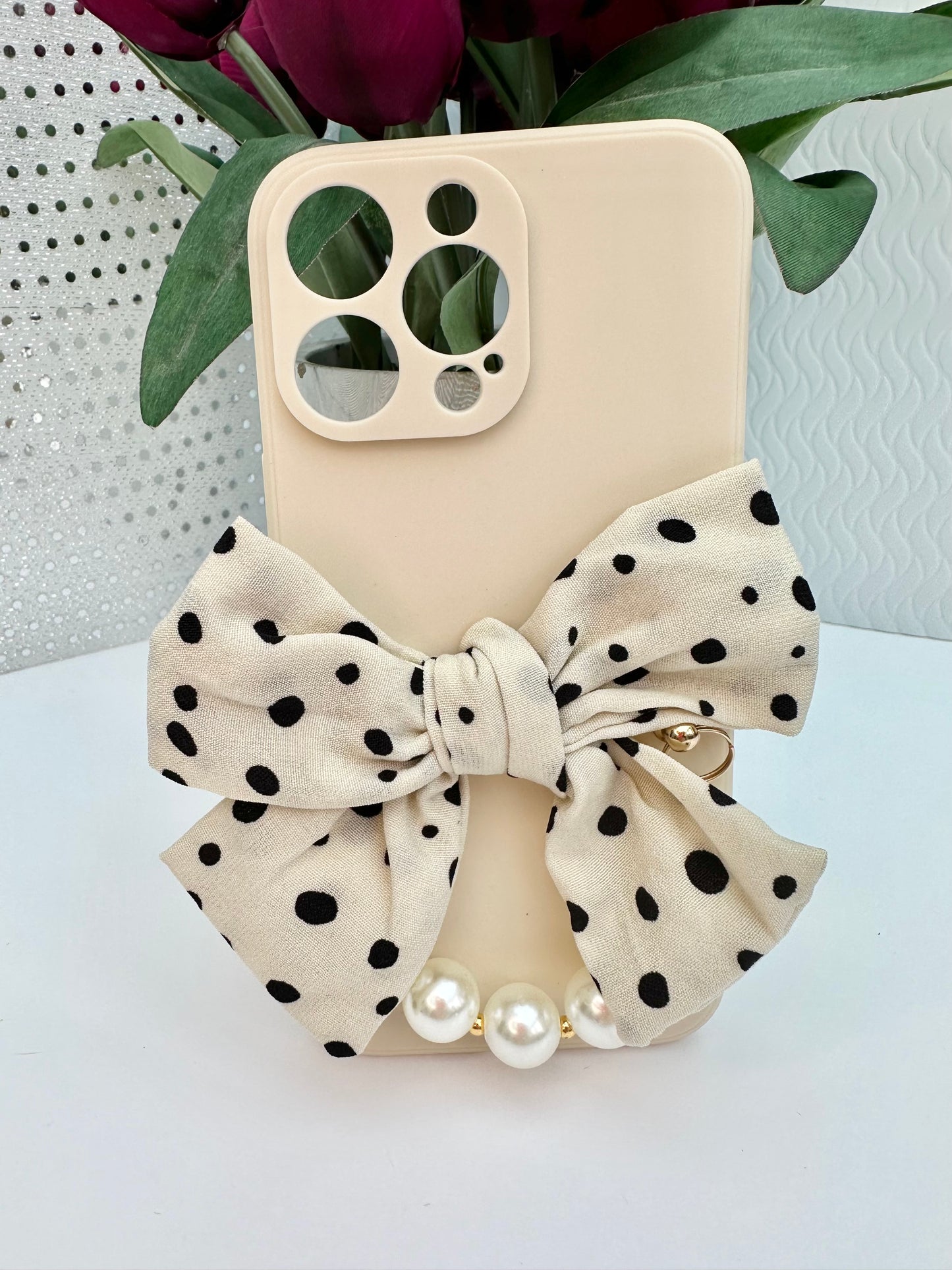 Bowtique Polka Dot Phone Case with Pearl Hand Strap