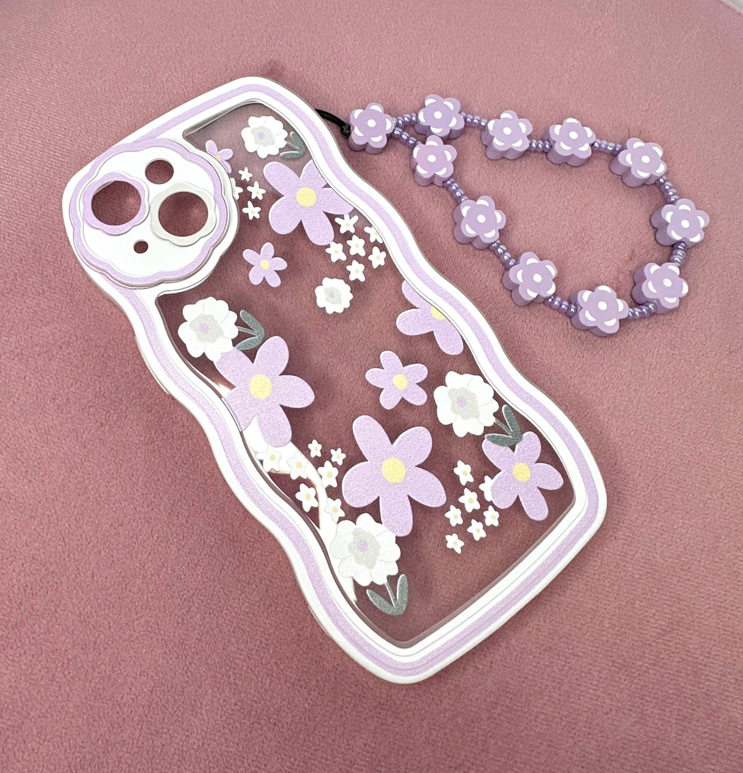 Wavy Edge Blossom Violet Phone Case with Beaded Wrist Strap