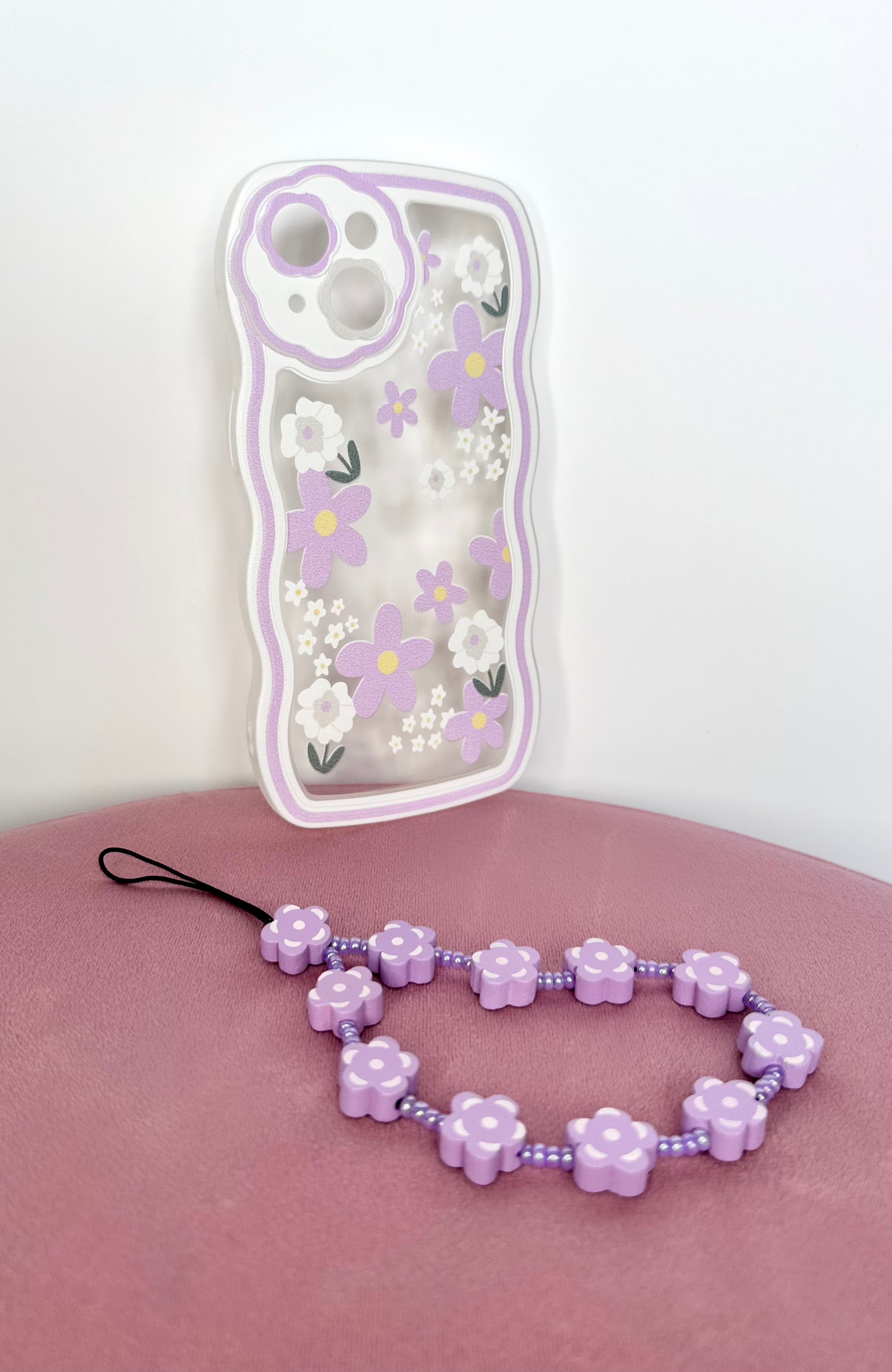 Wavy Edge Blossom Violet Phone Case with Beaded Wrist Strap
