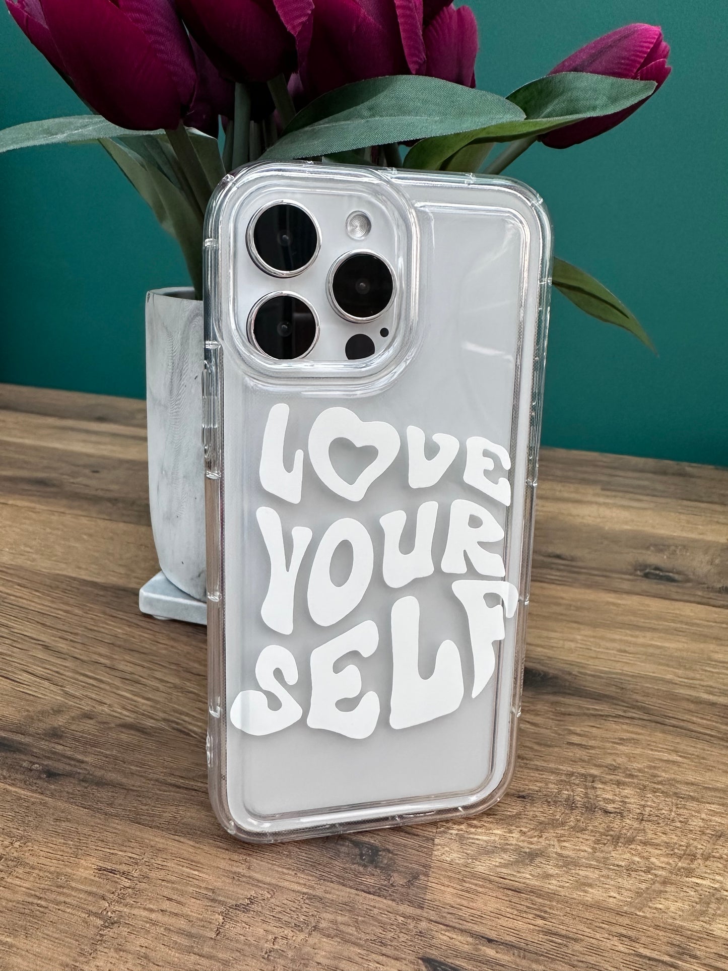 "Love Yourself” Clear Phone Case in White