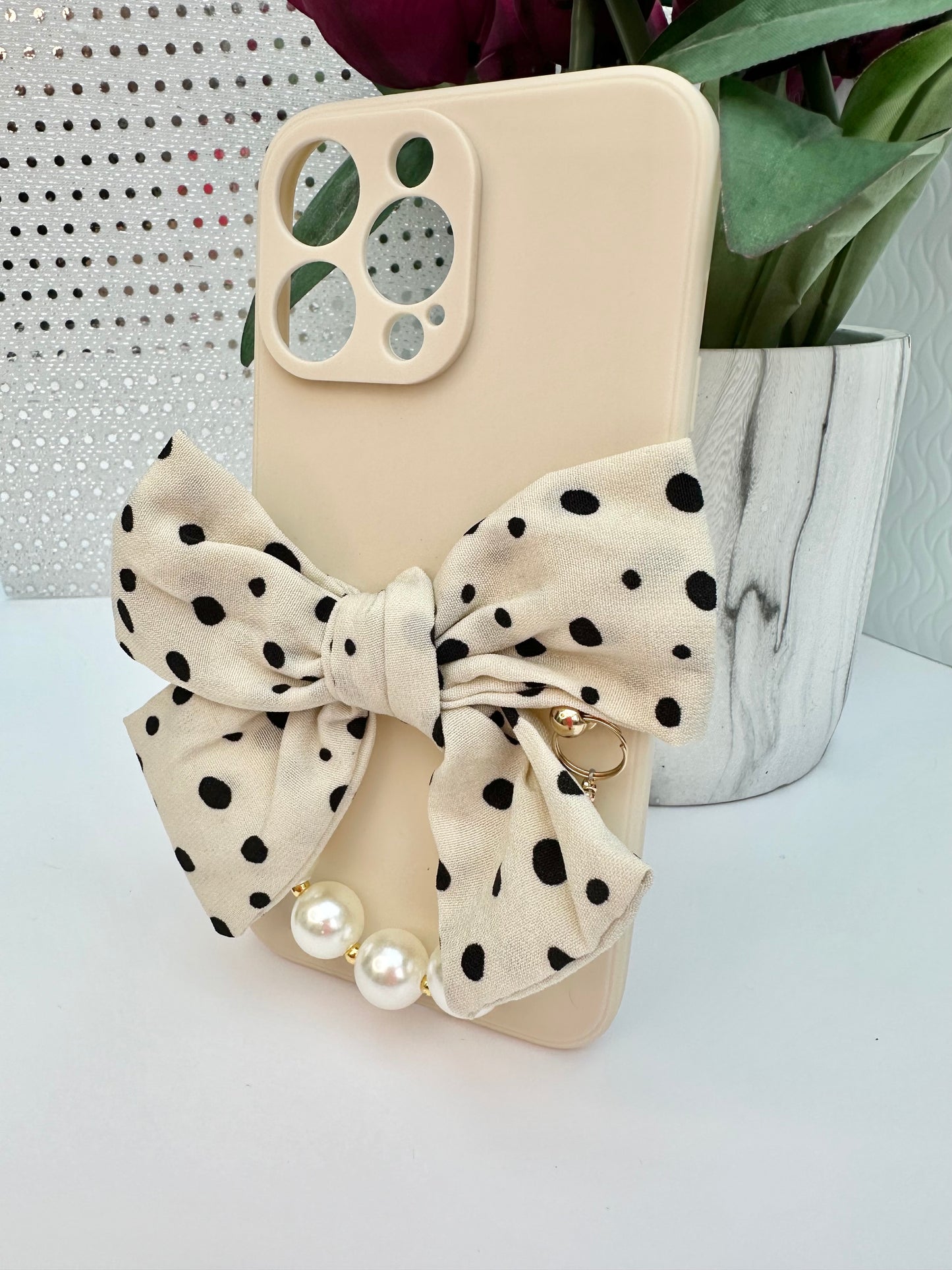 Bowtique Polka Dot Phone Case with Pearl Hand Strap