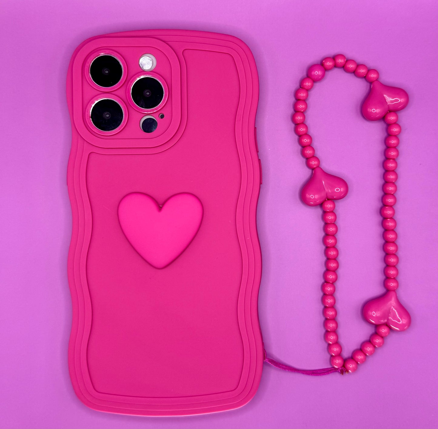 3D Heart Wavy Edge Hot Pink Phone Case with Wrist Strap