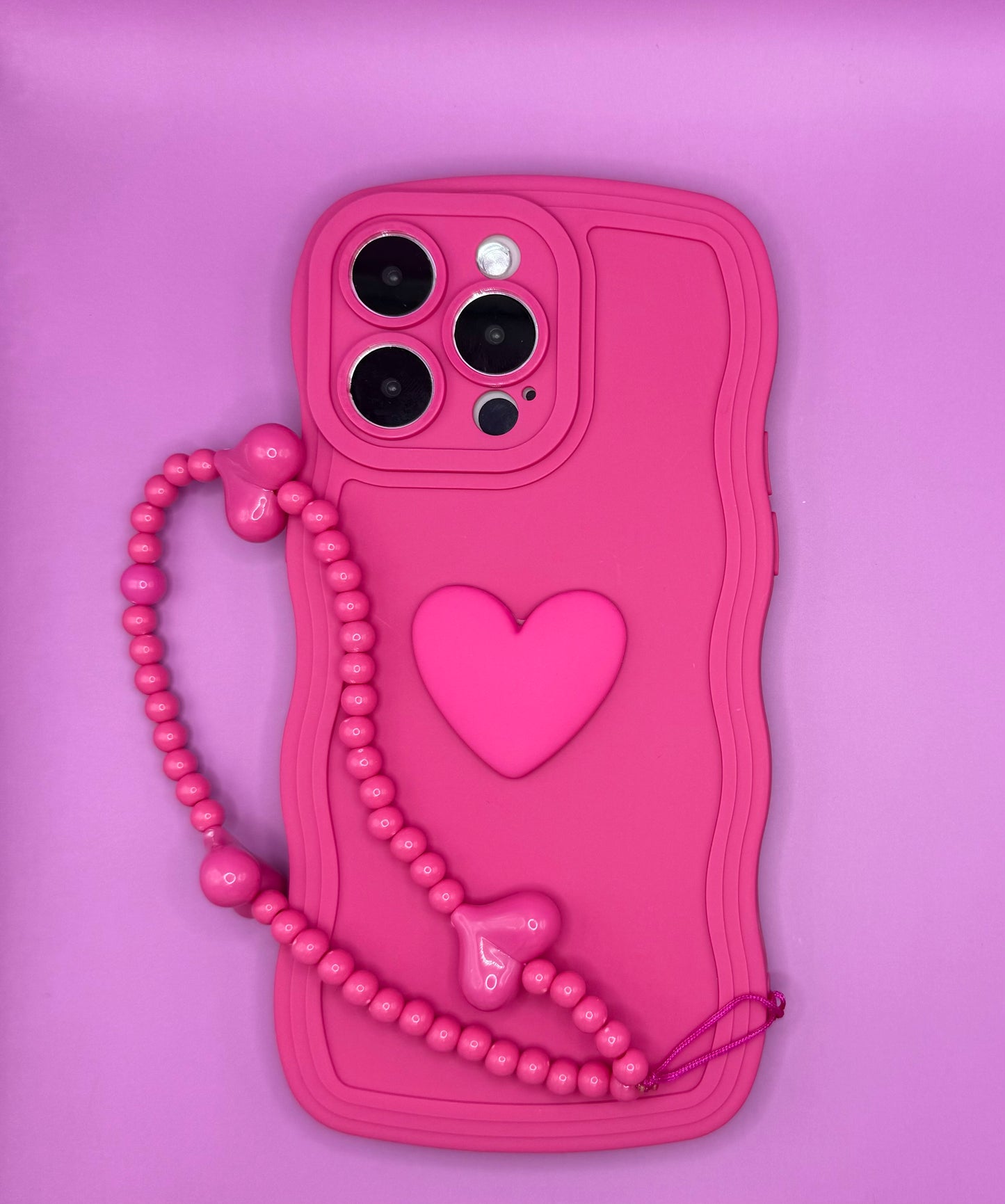 3D Heart Wavy Edge Hot Pink Phone Case with Wrist Strap