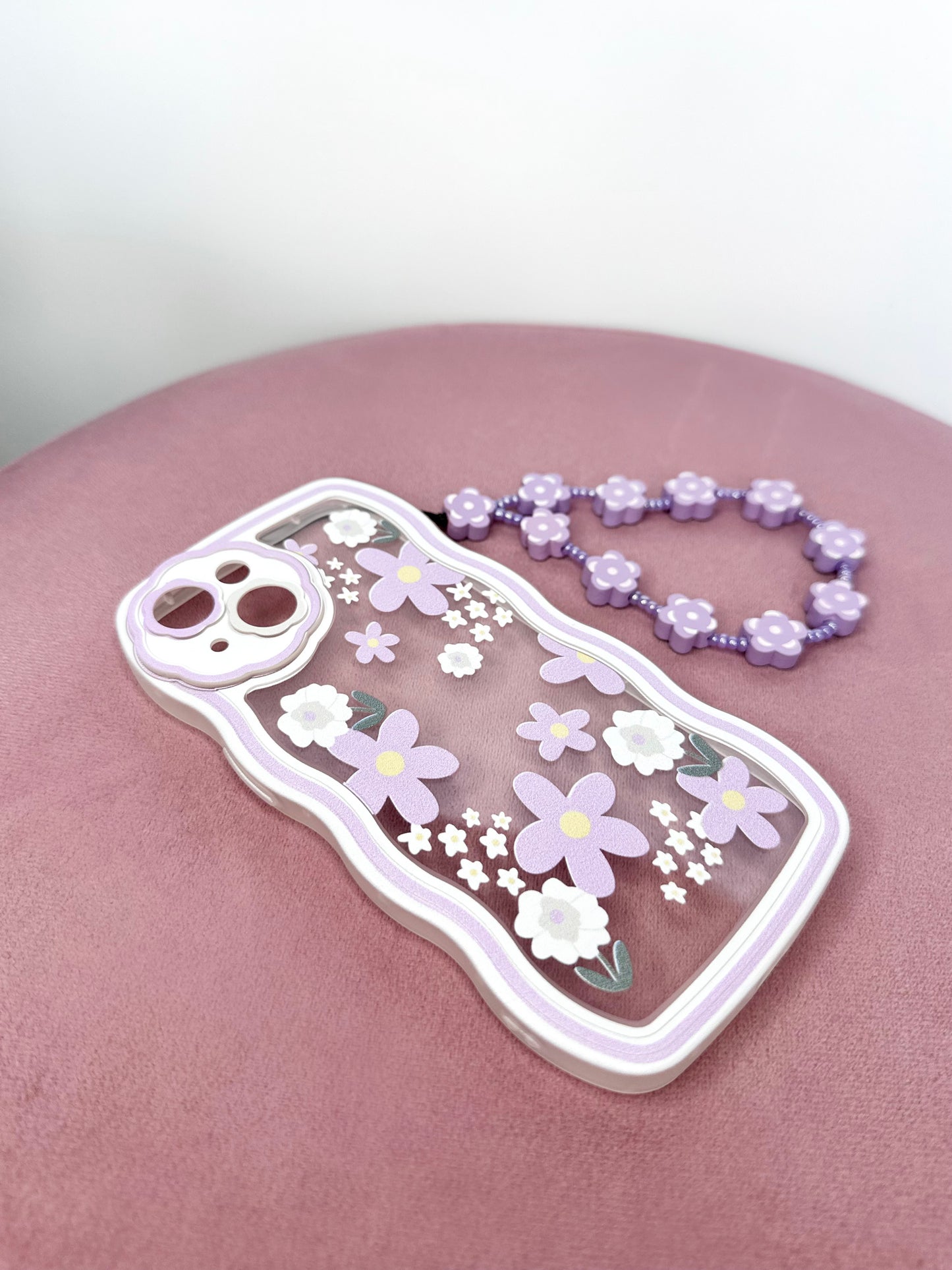 Wavy Edge Blossom Violet Phone Case with Beaded Wrist Strap