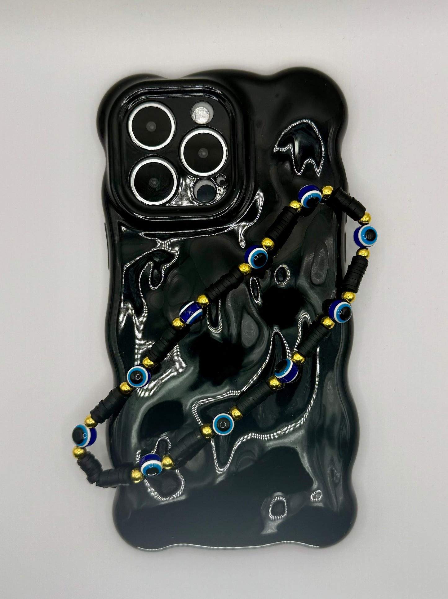 Evil Eye Beaded Phone Wrist Strap in Black