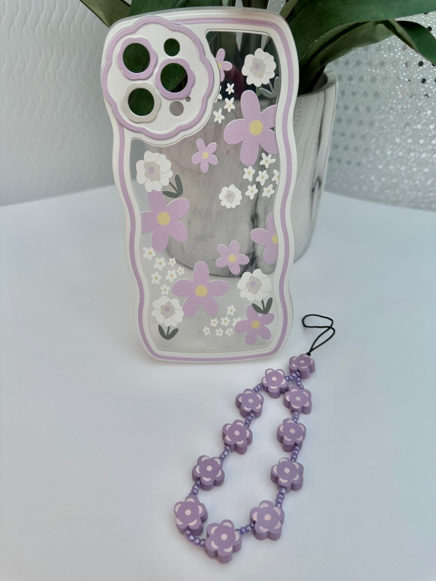 Wavy Edge Blossom Violet Phone Case with Beaded Wrist Strap