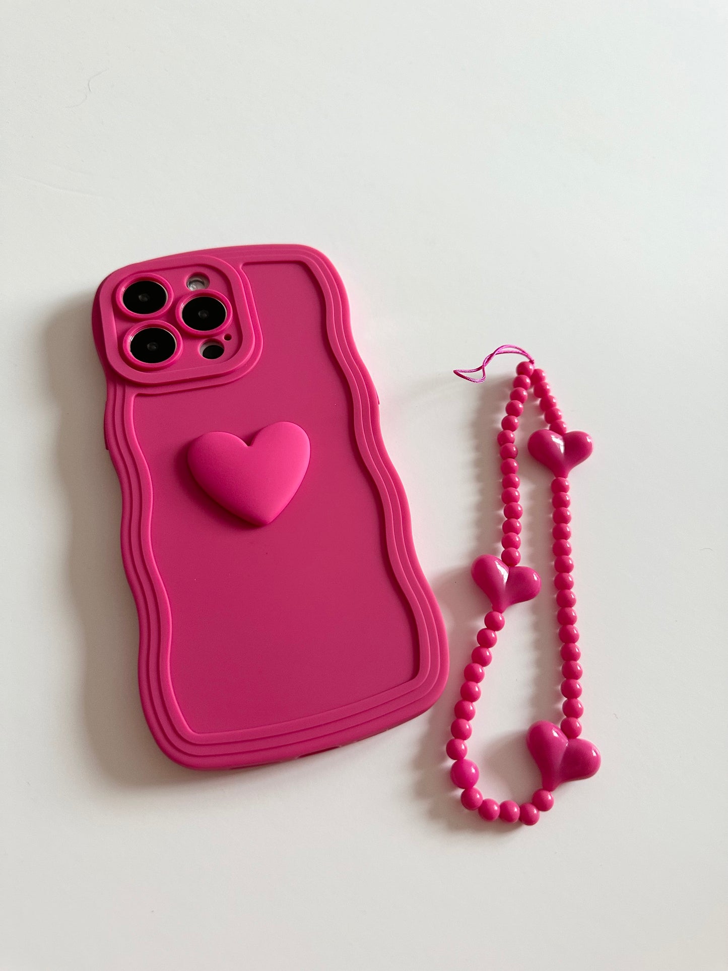 3D Heart Wavy Edge Hot Pink Phone Case with Wrist Strap