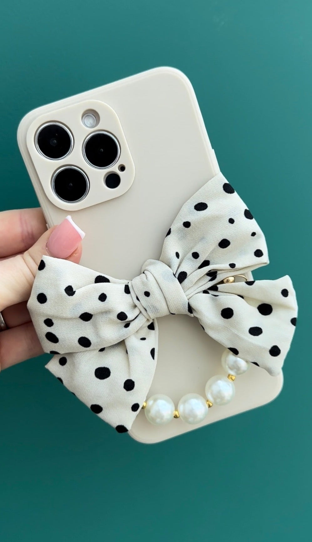 Bowtique Polka Dot Phone Case with Pearl Hand Strap