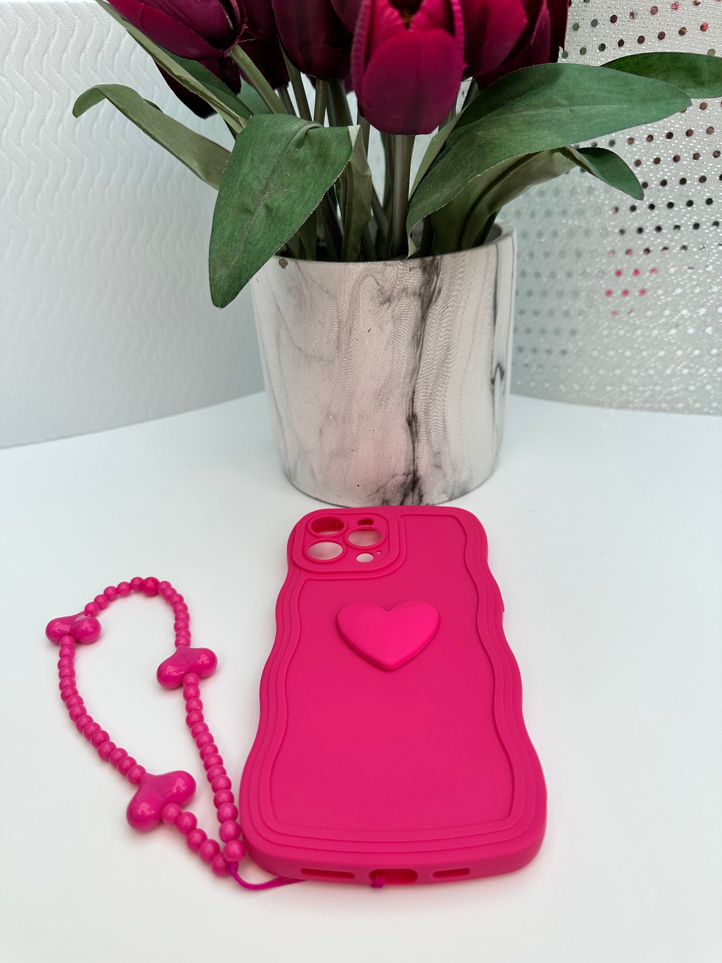 3D Heart Wavy Edge Hot Pink Phone Case with Wrist Strap