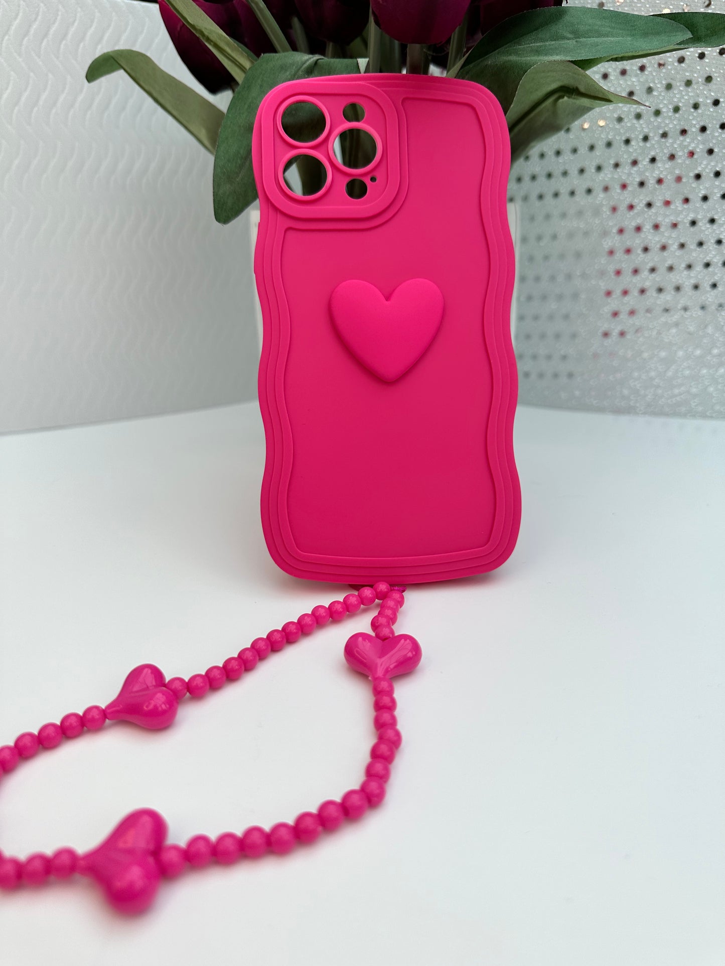 3D Heart Wavy Edge Hot Pink Phone Case with Wrist Strap