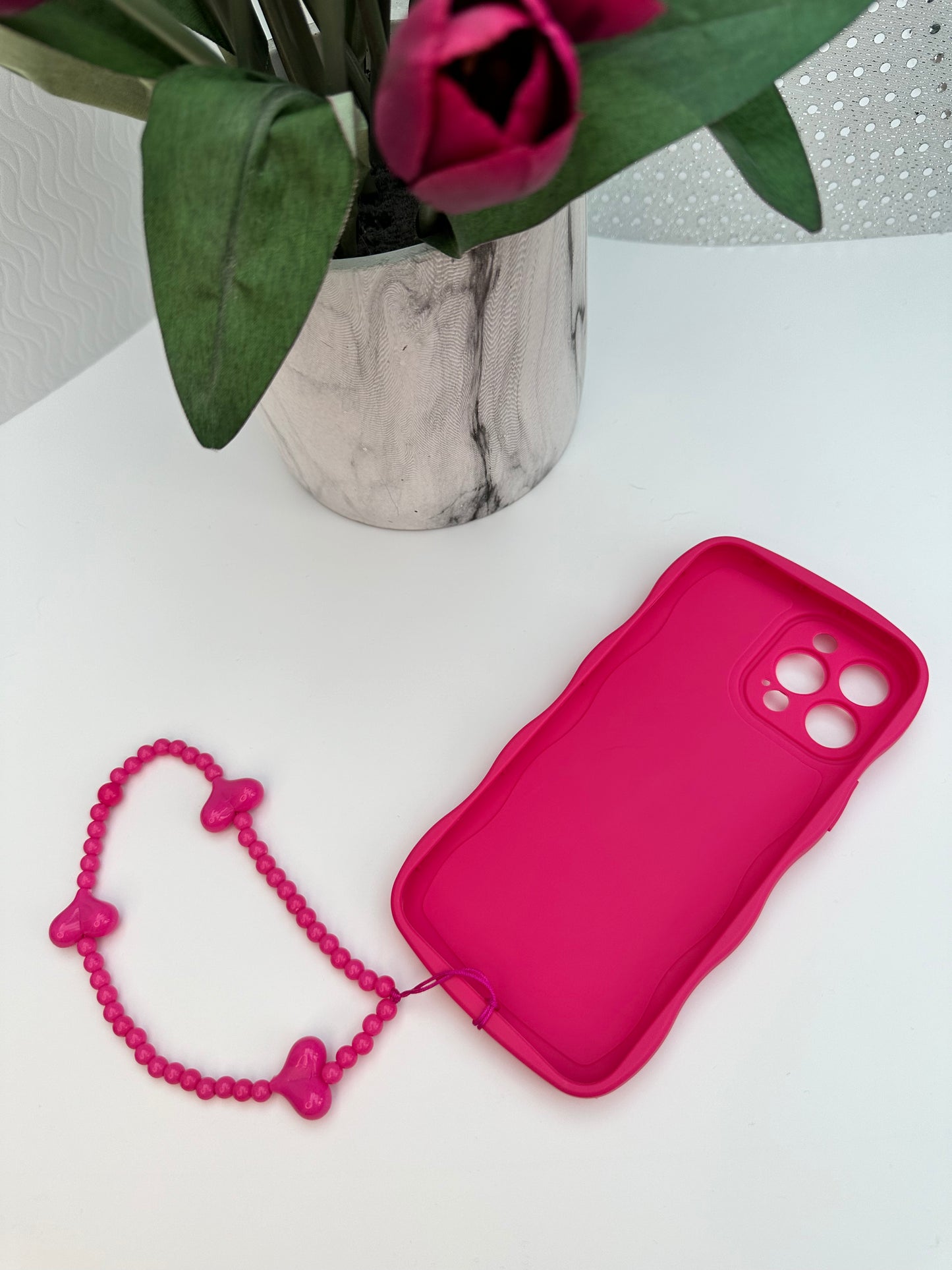 3D Heart Wavy Edge Hot Pink Phone Case with Wrist Strap