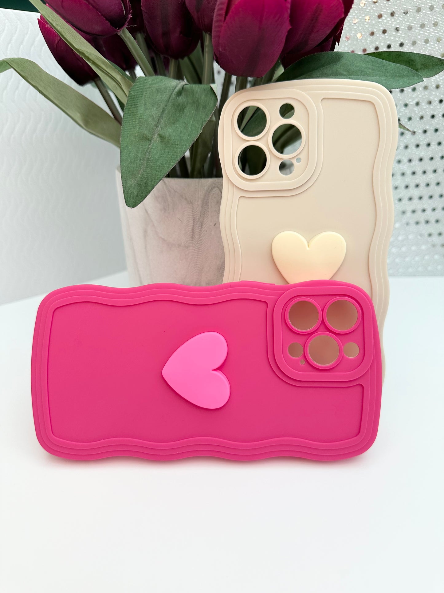 3D Heart Wavy Edge Hot Pink Phone Case