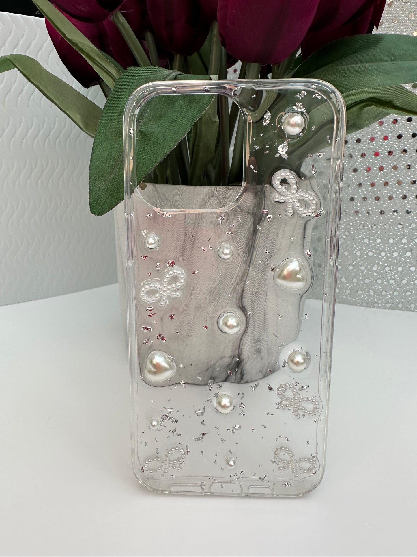 3D Pearl Bow Elegance Silver Foil Phone Case
