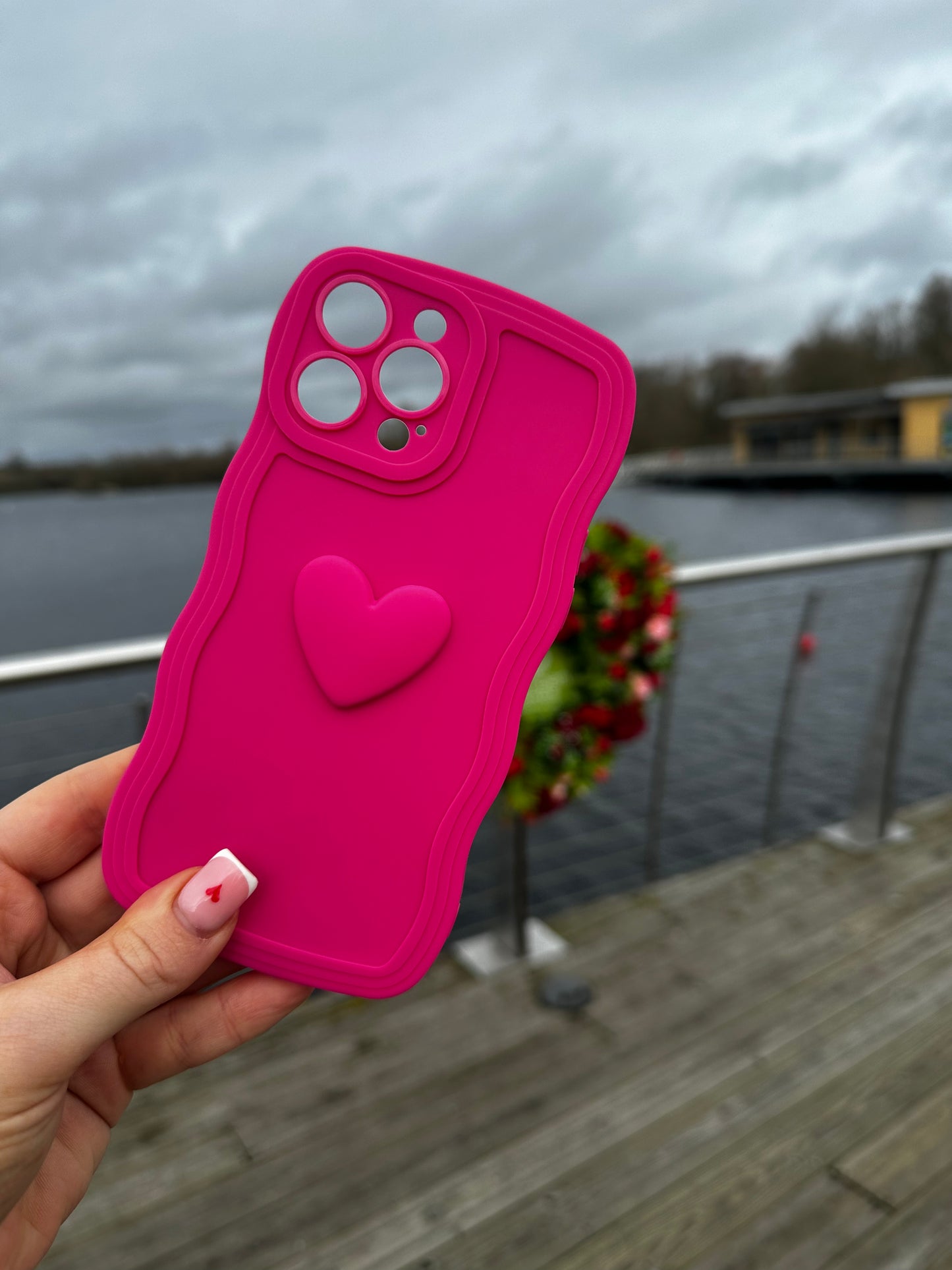 3D Heart Wavy Edge Hot Pink Phone Case with Wrist Strap