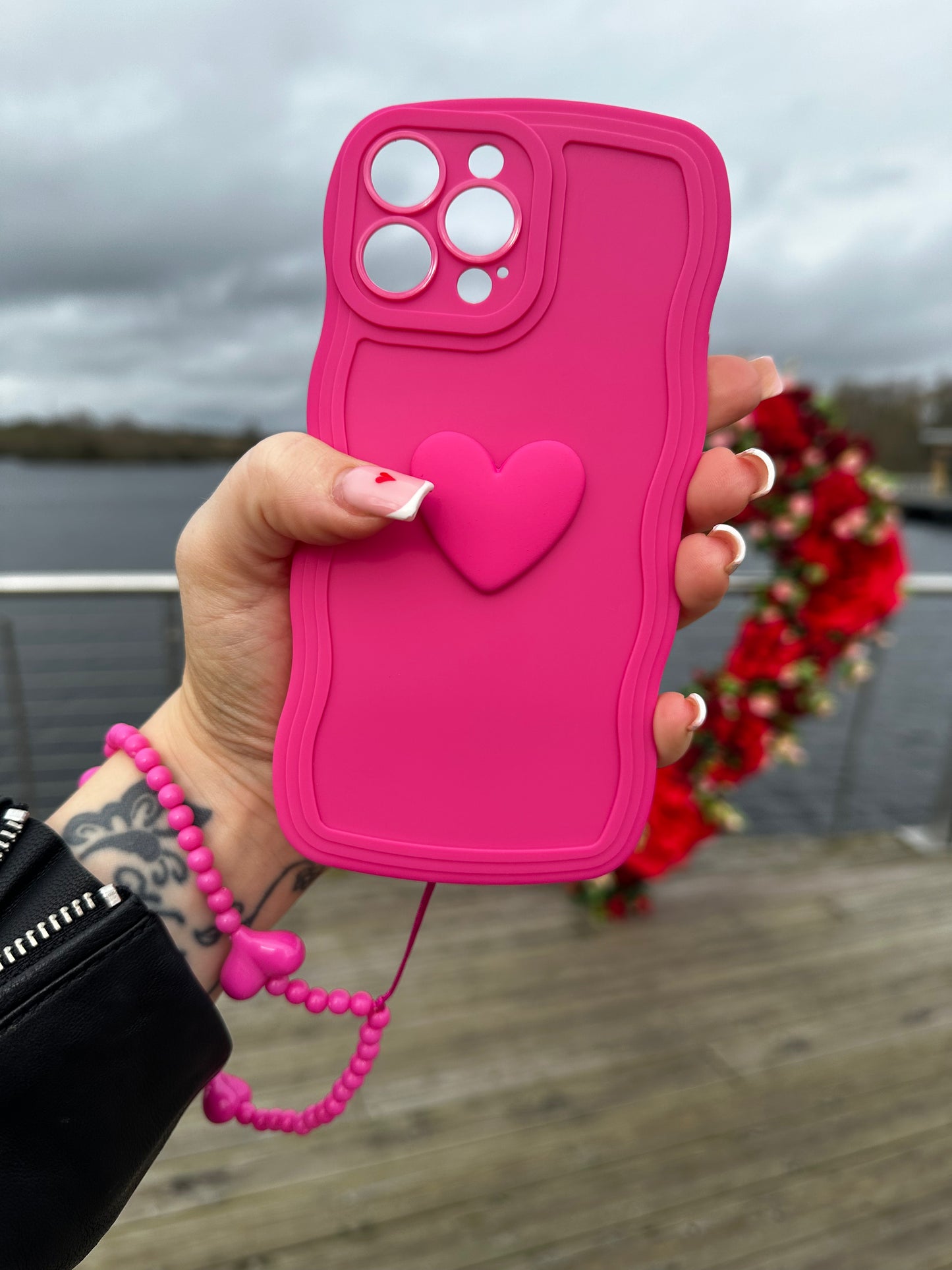 3D Heart Wavy Edge Hot Pink Phone Case with Wrist Strap