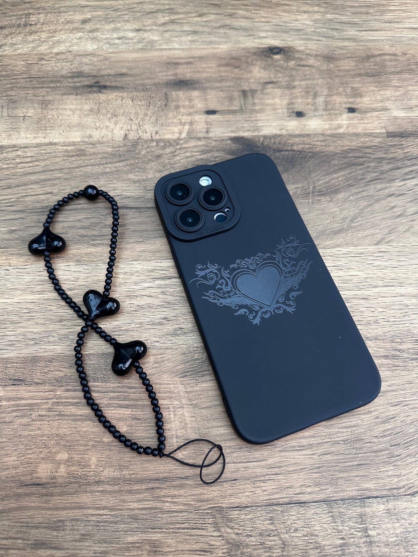 Tattooed Heart Black Phone Case with Beaded Wrist Strap