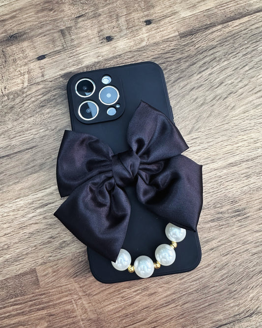 Bowtique Black Phone Case with Pearl Hand Strap