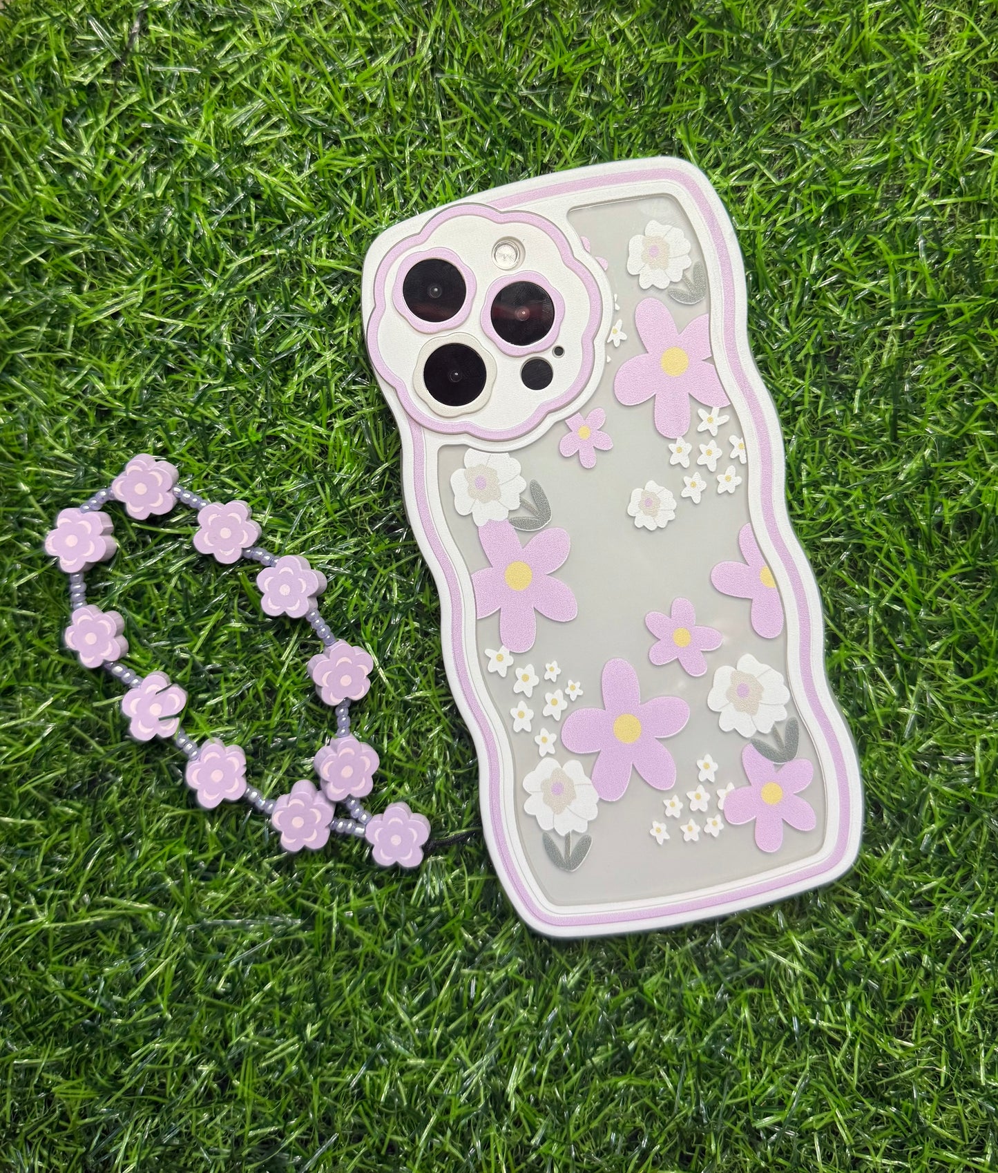 Wavy Edge Blossom  Violet Phone Case with Beaded Wrist Strap