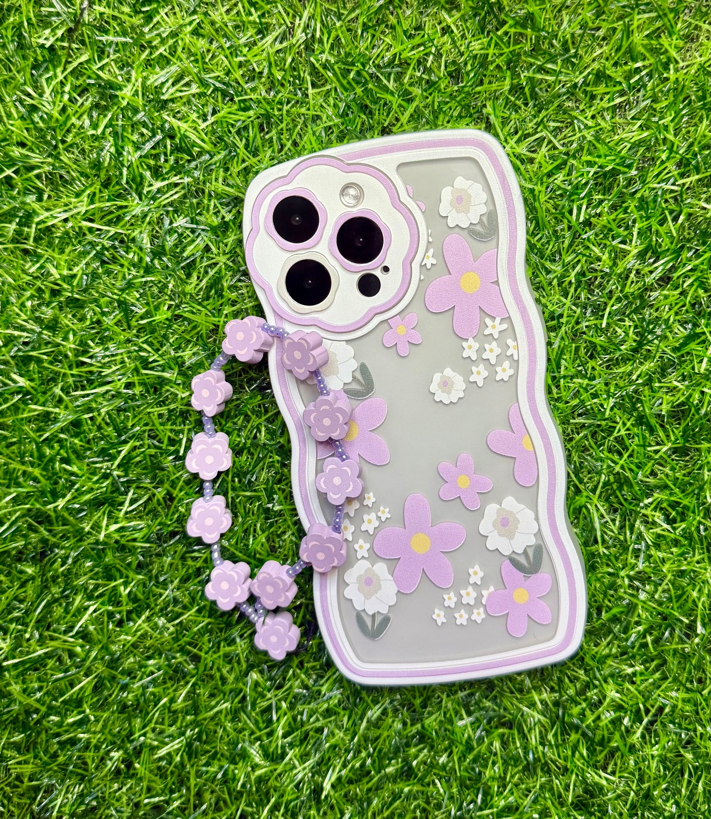 Wavy Edge Blossom  Violet Phone Case with Beaded Wrist Strap