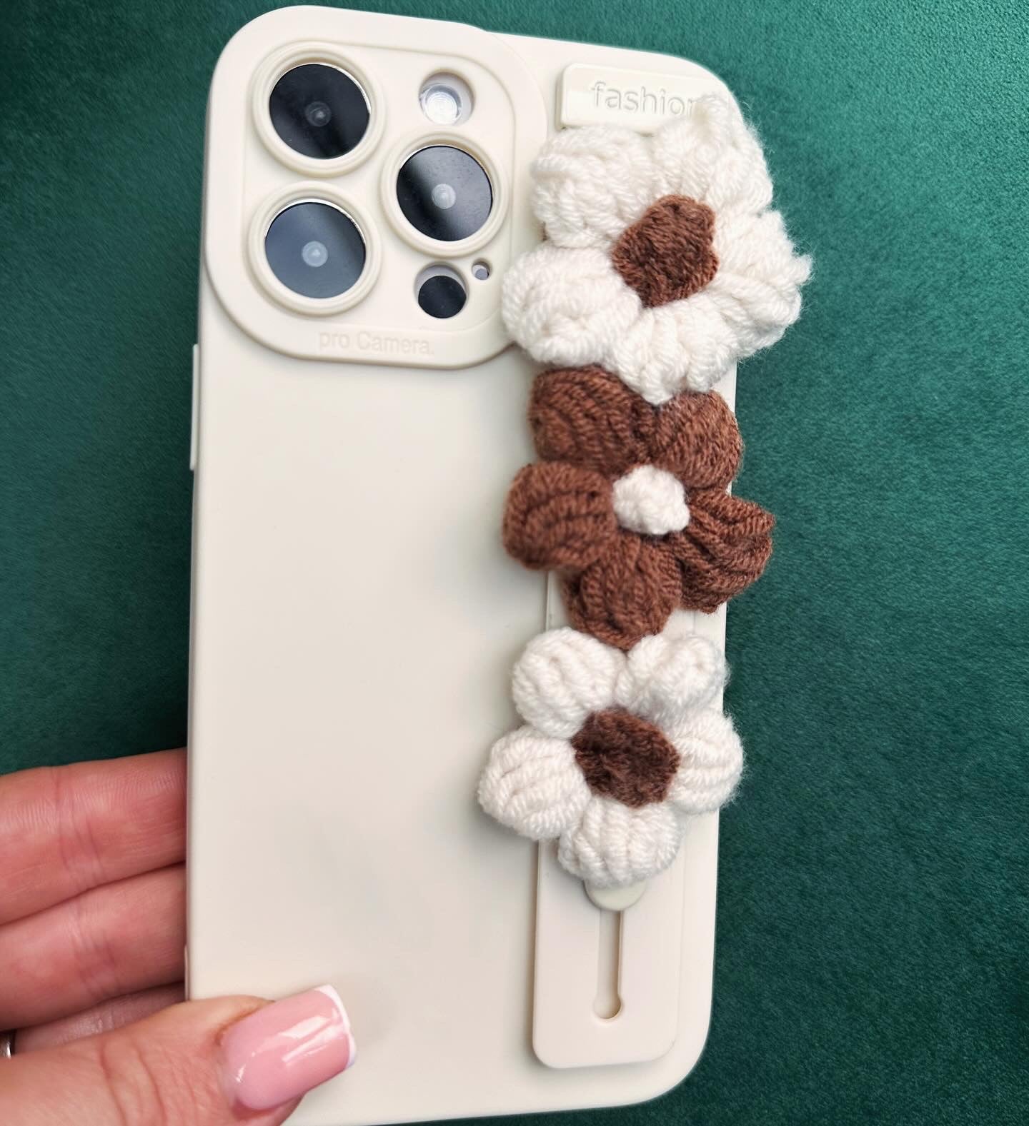 Crocheted Flower Cream Phone Case with Hand Strap