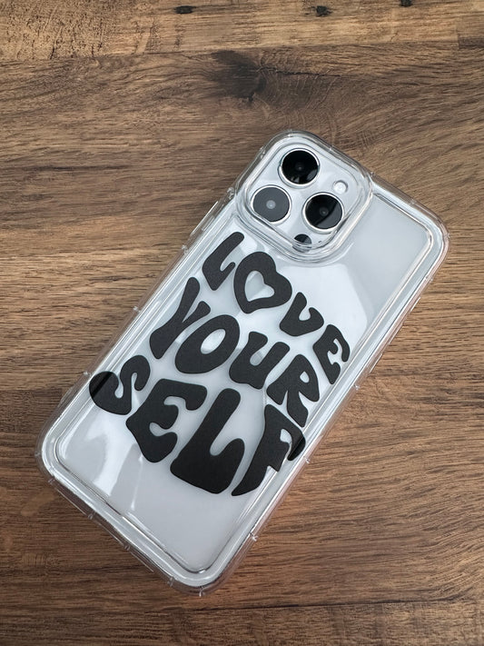 "Love Yourself” Clear Phone Case in Black