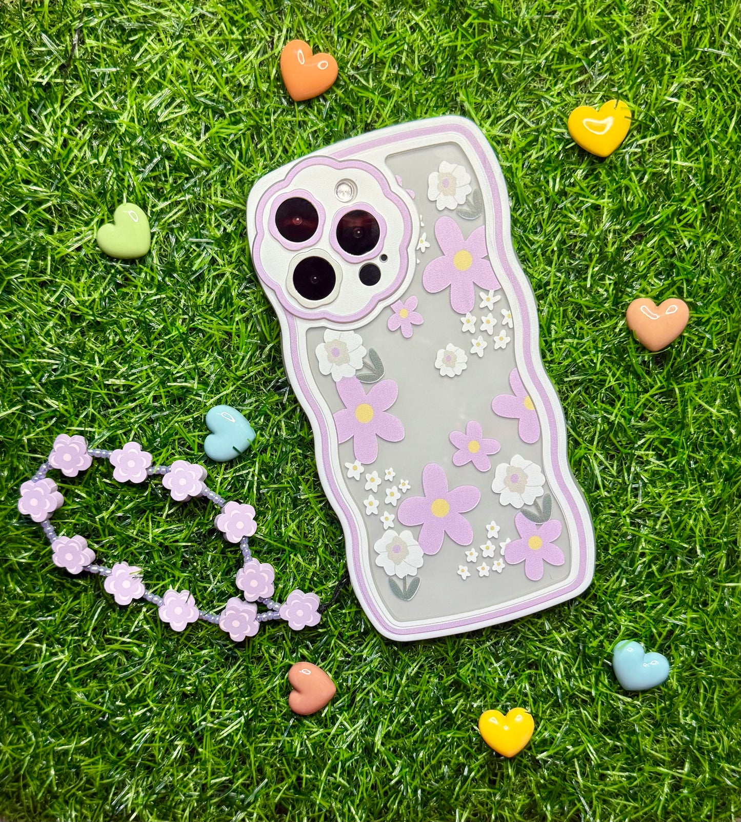 Wavy Edge Blossom  Violet Phone Case with Beaded Wrist Strap