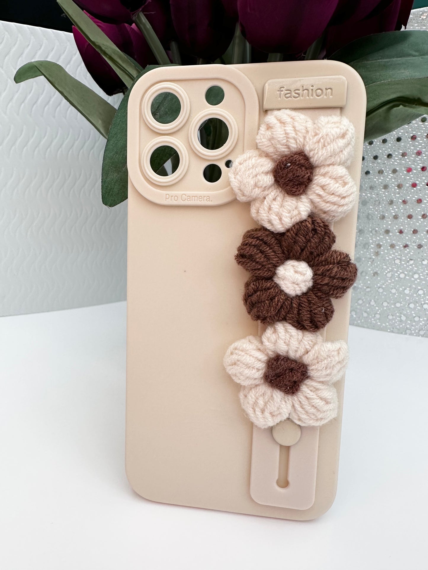 Crocheted Flower Cream Phone Case with Hand Strap