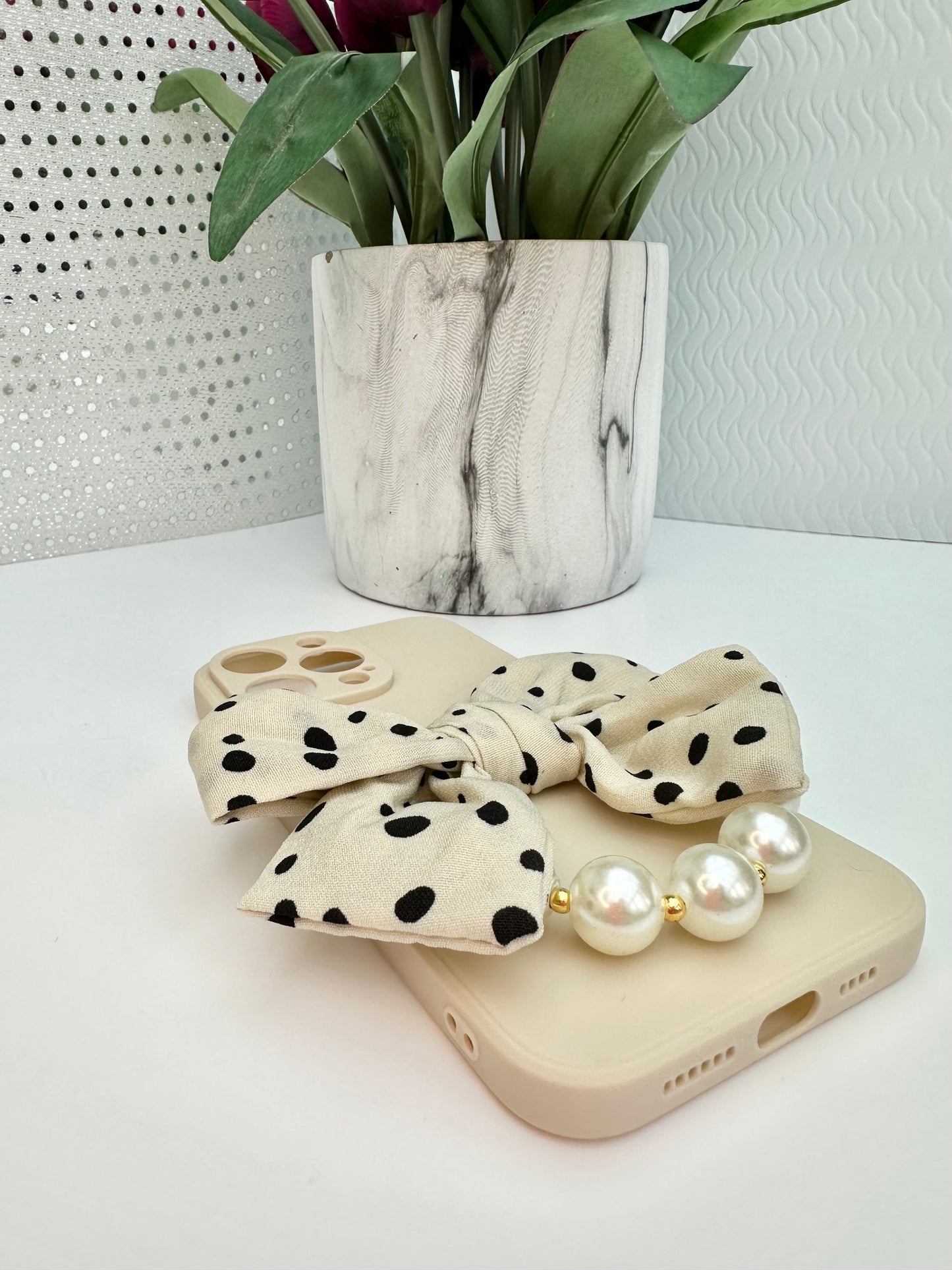 Bowtique Polka Dot Phone Case with Pearl Hand Strap