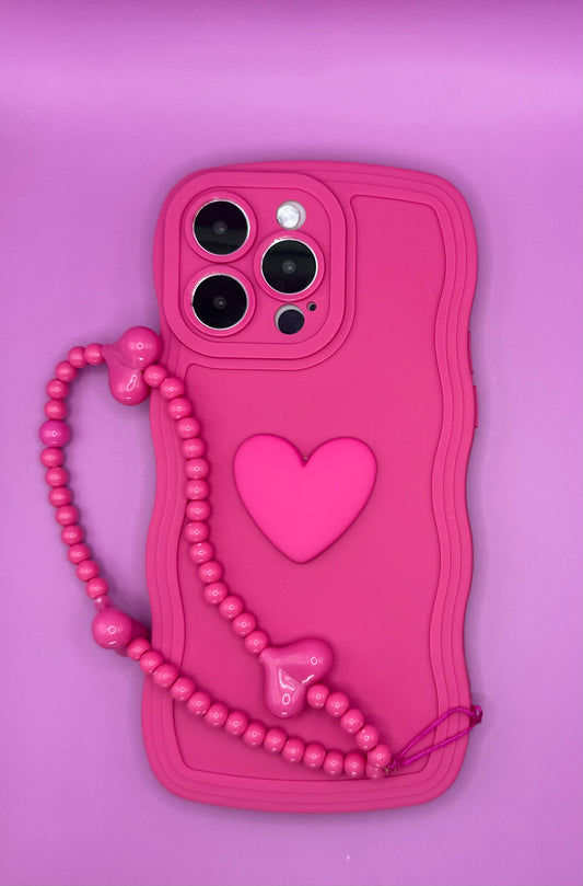 Hot Pink Heart Beaded Phone Wrist Strap