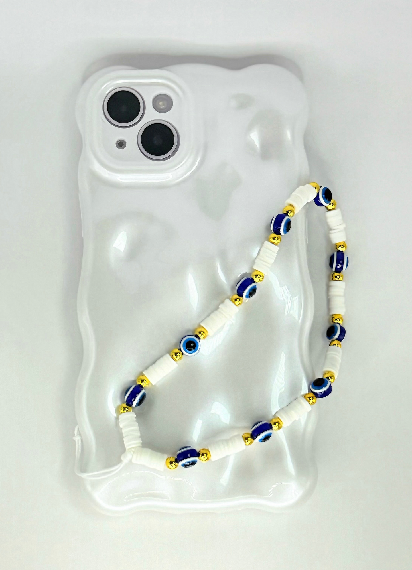 Evil Eye Beaded Phone Wrist Strap in White