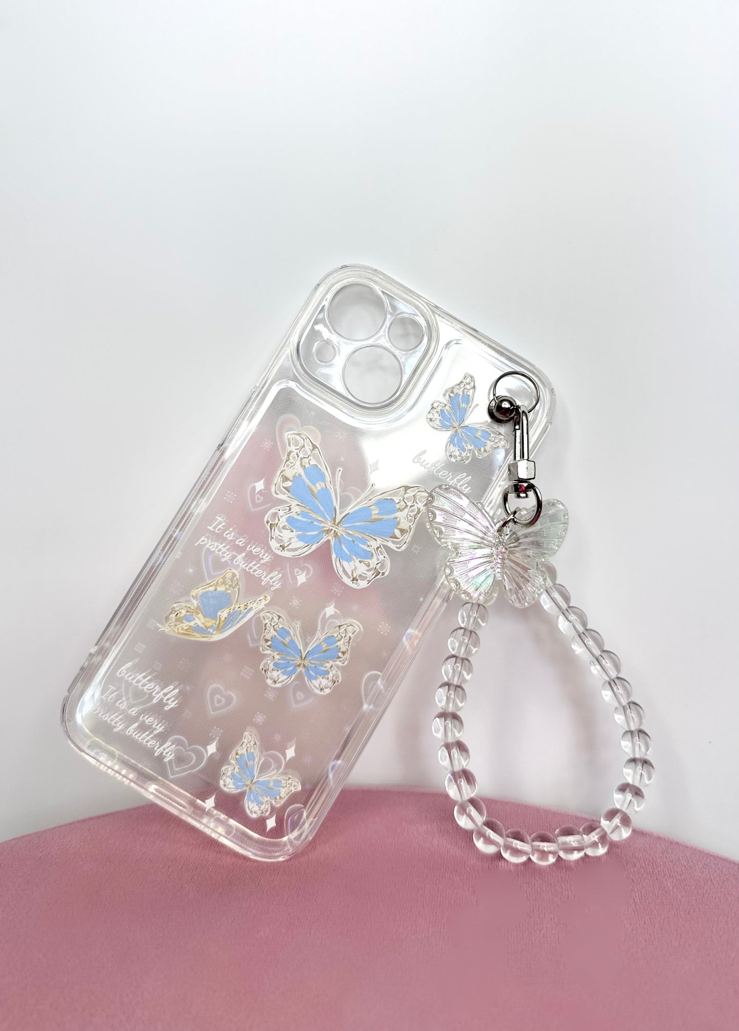 Butterfly Bliss Clear Phone Case featuring Chic Wrist Strap