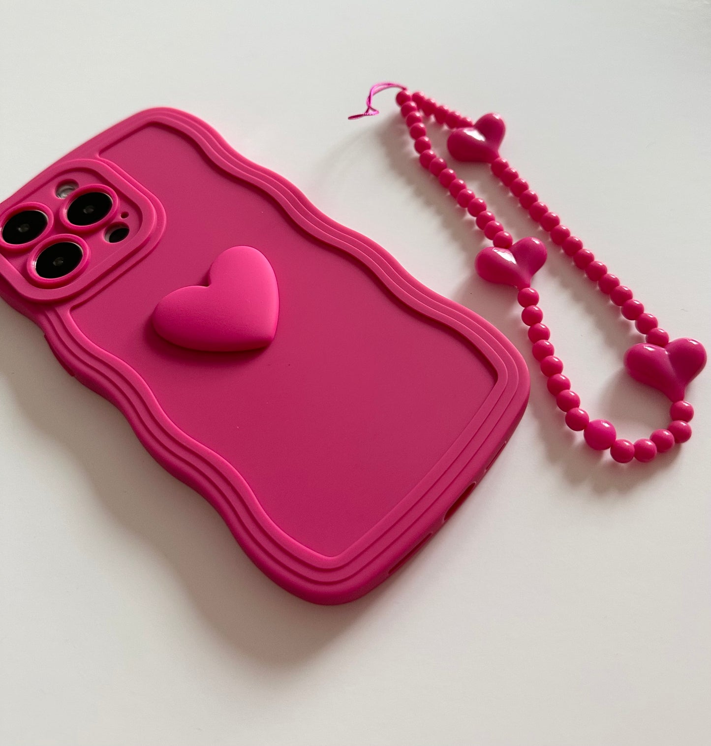 3D Heart Wavy Edge Hot Pink Phone Case with Wrist Strap