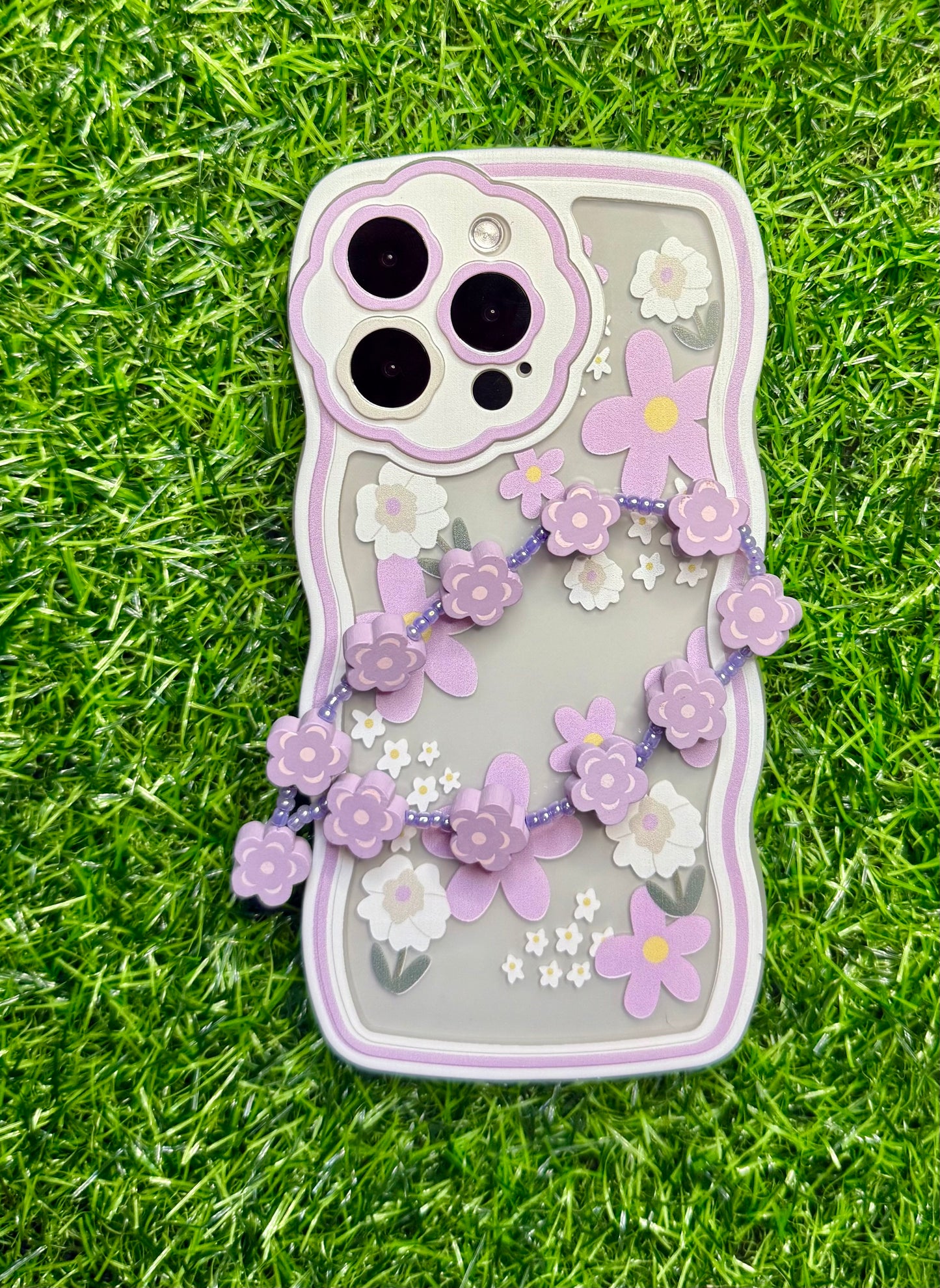 Wavy Edge Blossom  Violet Phone Case with Beaded Wrist Strap