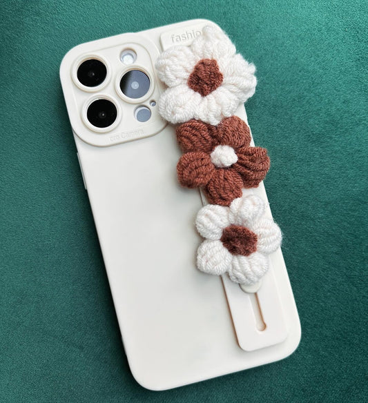 Crocheted Flower Cream Phone Case with Hand Strap