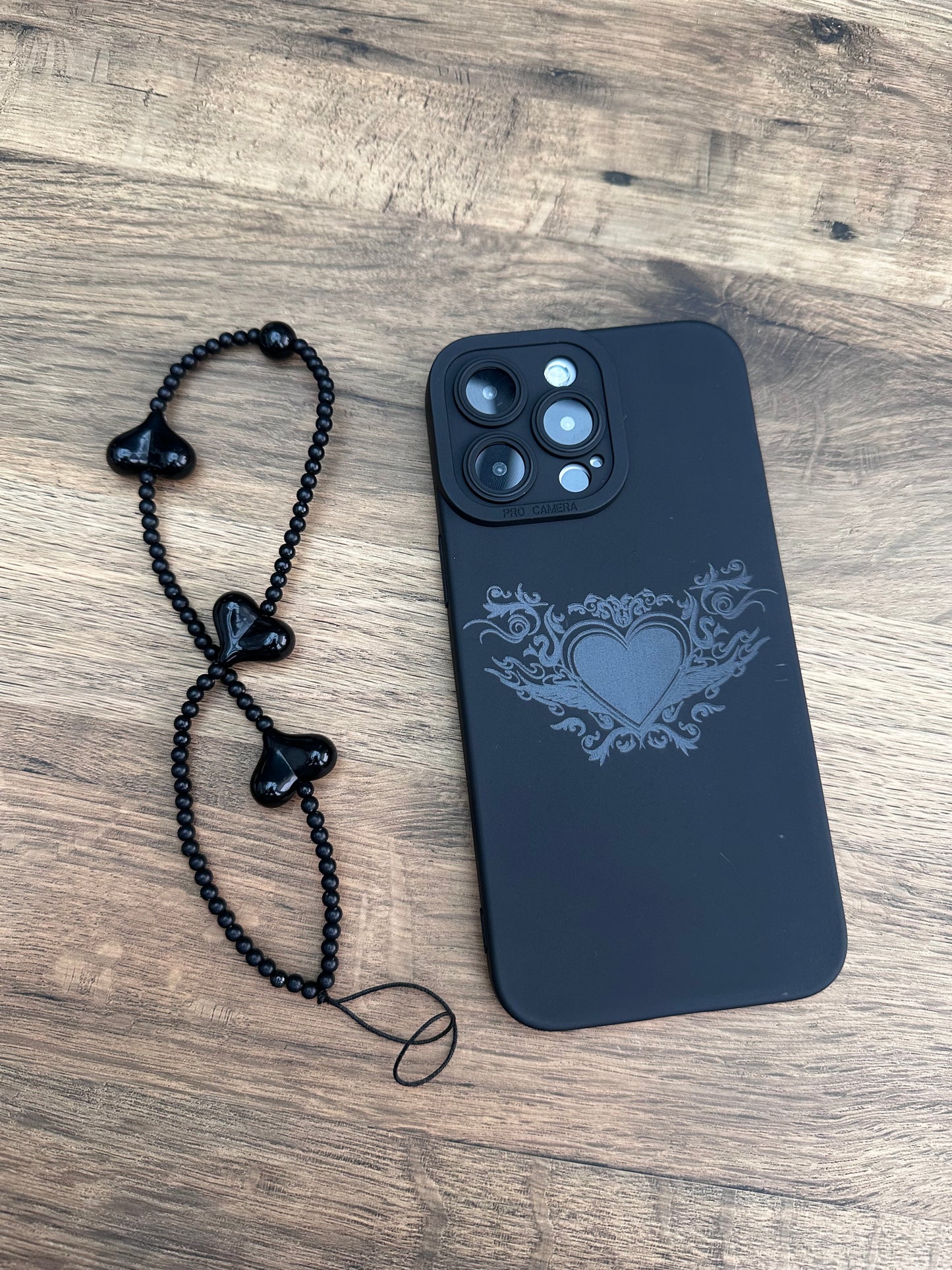 Tattooed Heart Black Phone Case with Beaded Wrist Strap