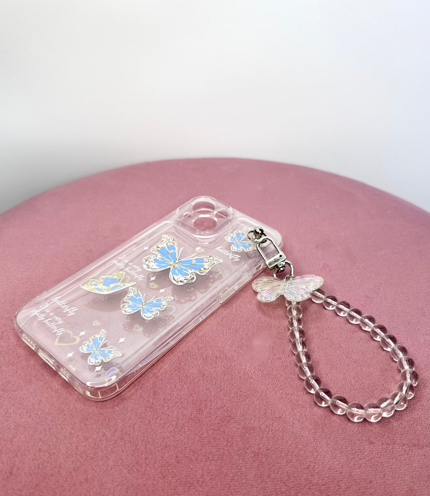 Butterfly Bliss Clear Phone Case featuring Chic Wrist Strap